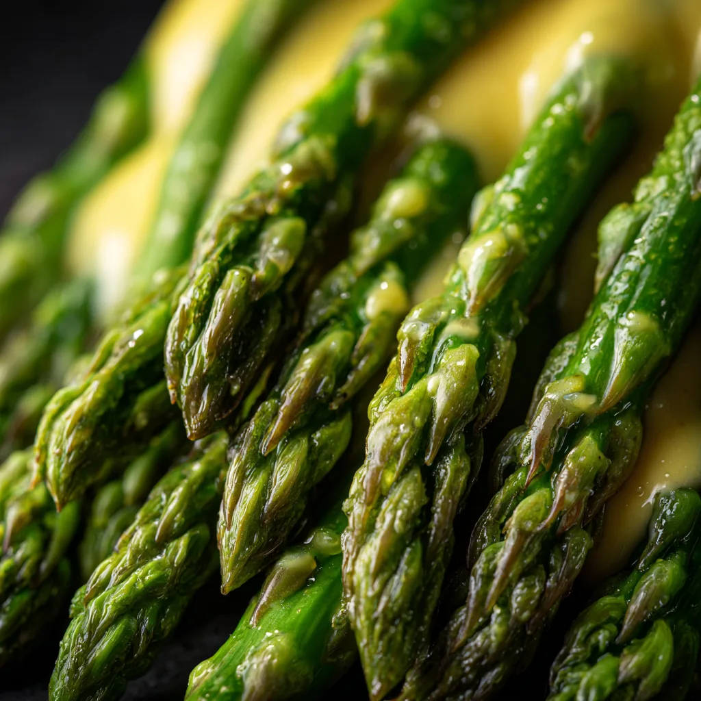 Close up of green asparagus with creamy hollandaise sauce texture
