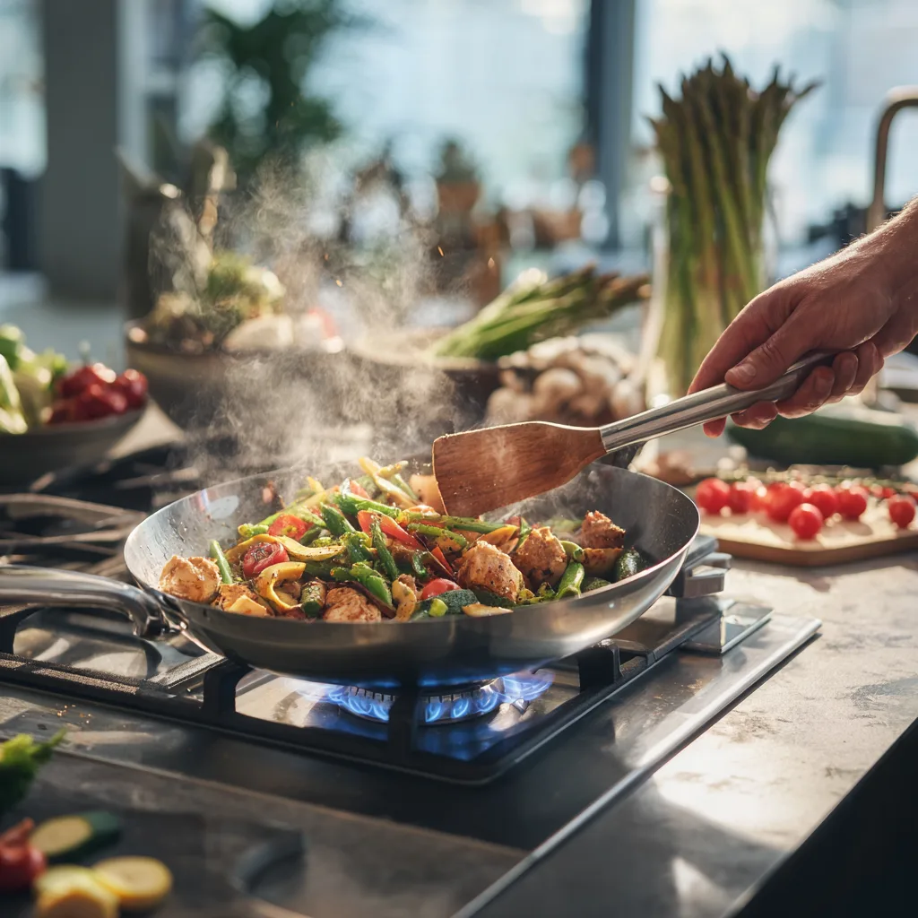 Zubereitung Hühnchenpfanne mit Frühlingsgemüse in der Küche mit Pfanne auf dem Herd