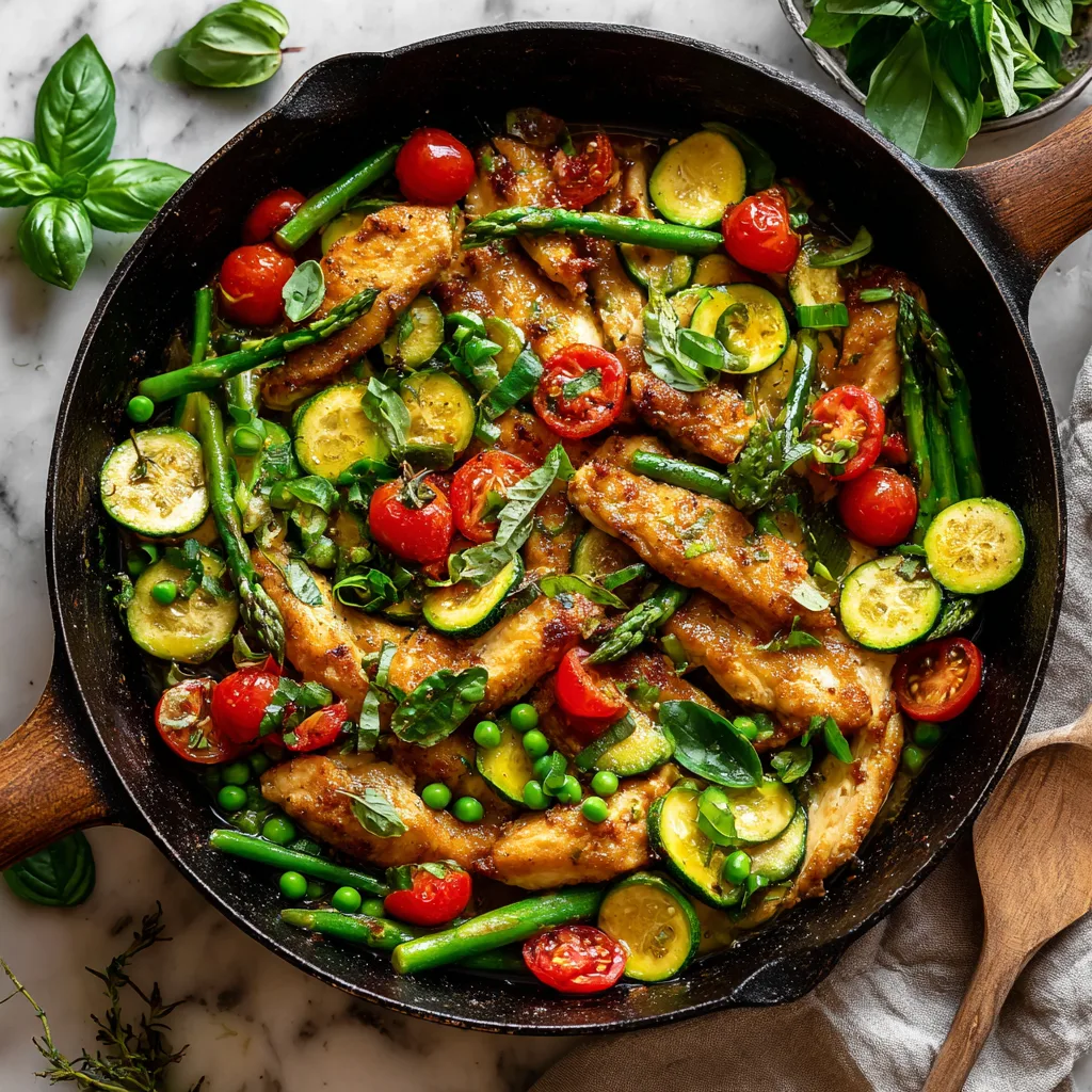 Hühnchenpfanne mit Frühlingsgemüse in Eisenpfanne von oben fotografiert mit buntem Gemüse und Kräutern