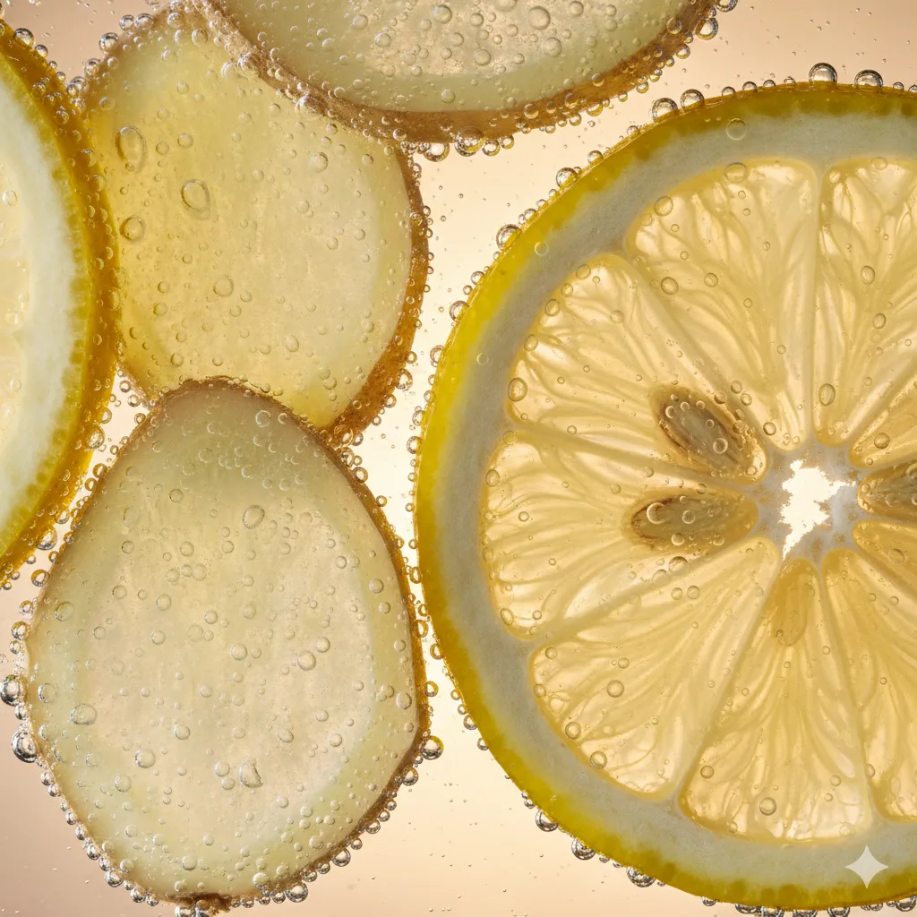 Nahaufnahme von Ingwer und Zitronenscheiben im Detoxwasser mit Wassertropfen