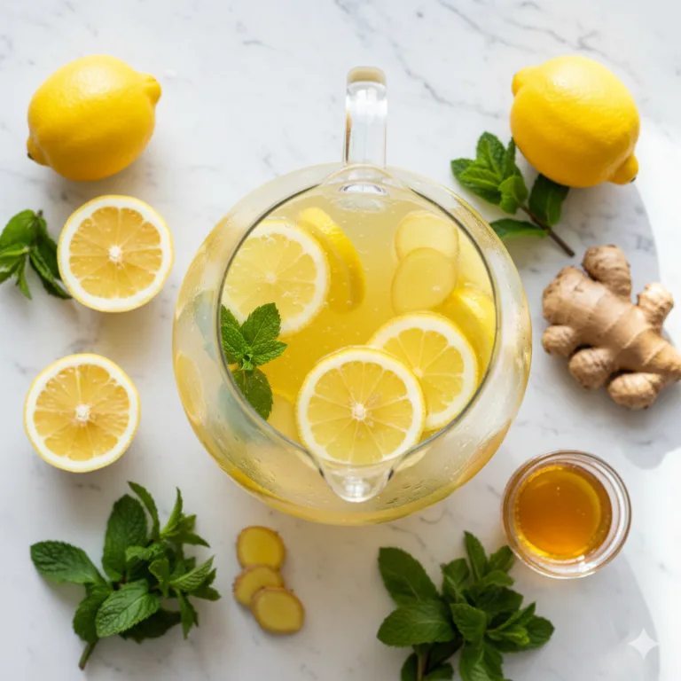 Ingwer-Zitronen Detoxwasser in Glaskaraffe mit frischen Zutaten von oben fotografiert