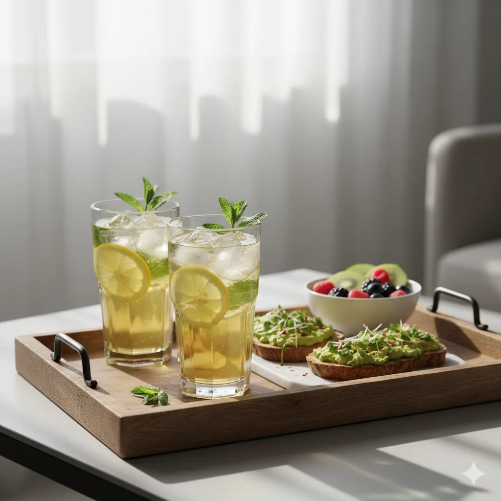 Ingwer-Zitronen Detoxwasser serviert in Gläsern mit Minze zum gesunden Frühstück