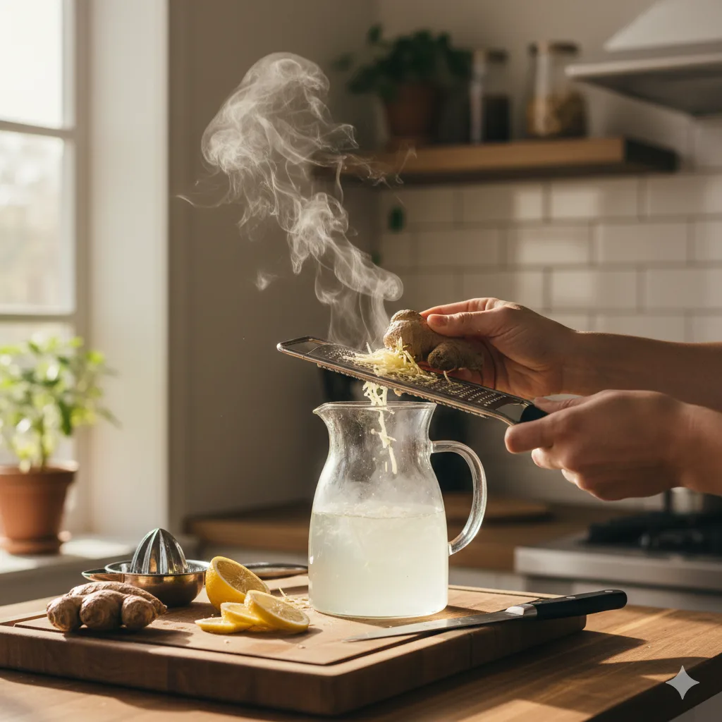 Zubereitung von Ingwer-Zitronen Detoxwasser mit frischem Ingwer reiben in der Küche