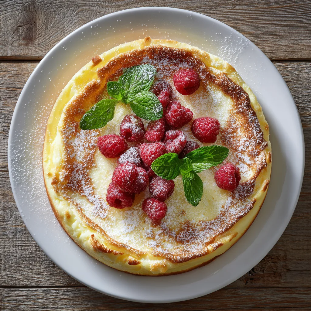 Käsekuchen mit Quark von oben fotografiert auf weißem Teller mit frischen Beeren und Puderzucker garniert