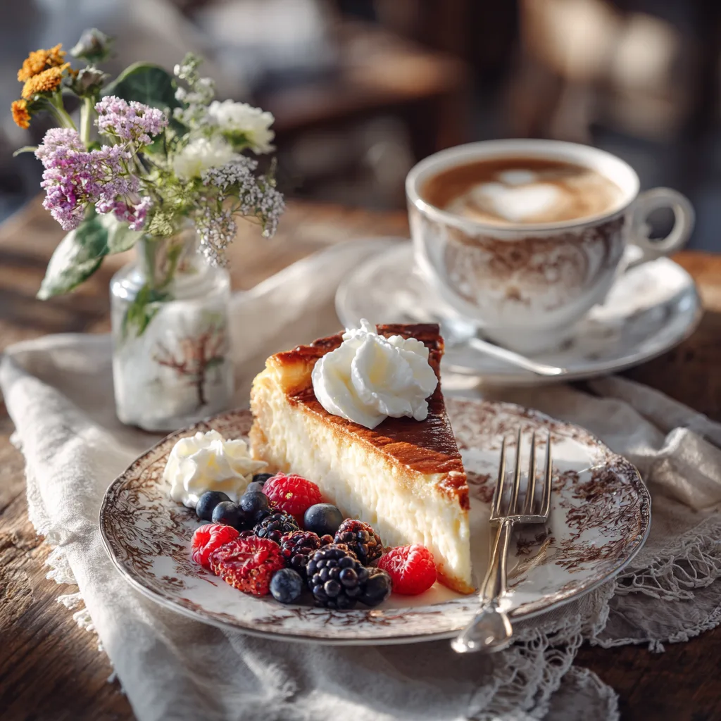 Serviertes Stück Käsekuchen mit Quark auf Teller mit Sahne, Beeren und Kaffee elegant angerichtet