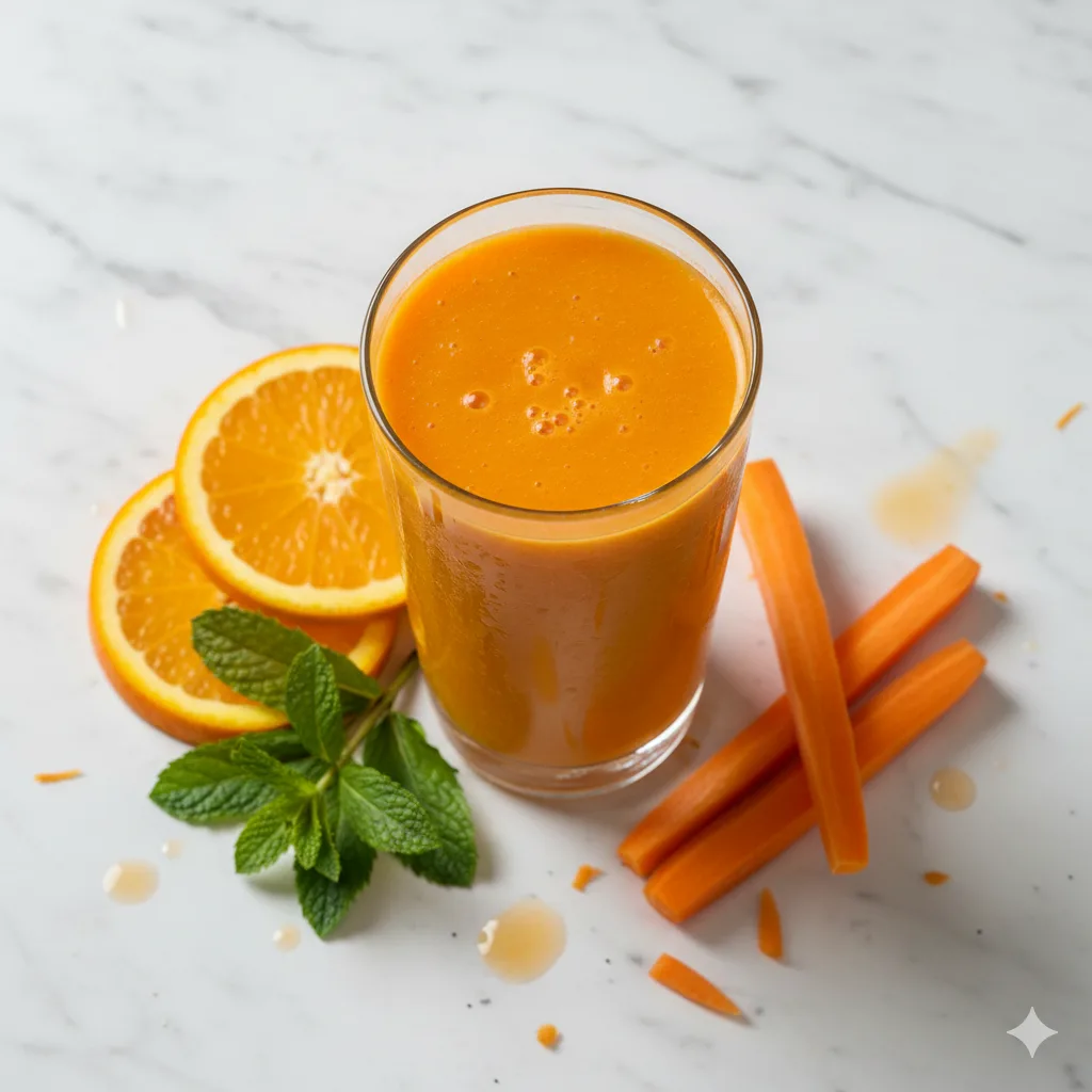 Karotten-Orangen Smoothie von oben mit frischen Zutaten