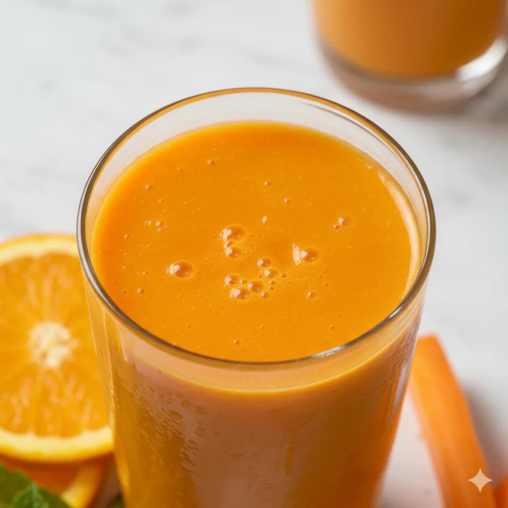 Cremige Textur eines Karotten-Orangen Smoothies in Nahaufnahme
