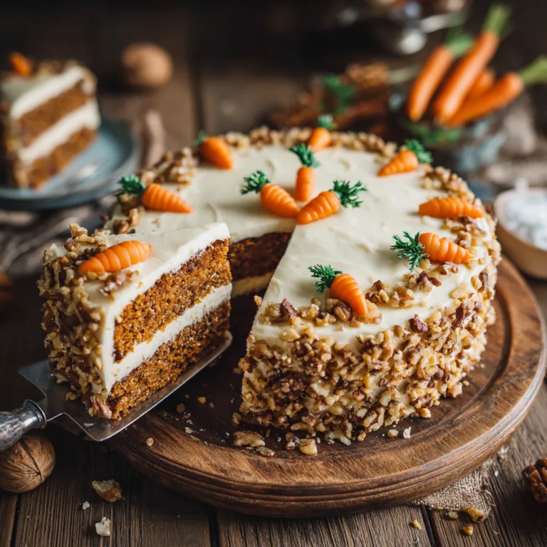 Saftiger Karottenkuchen mit Frischkäse-Frosting von oben fotografiert auf rustikalem Holztisch