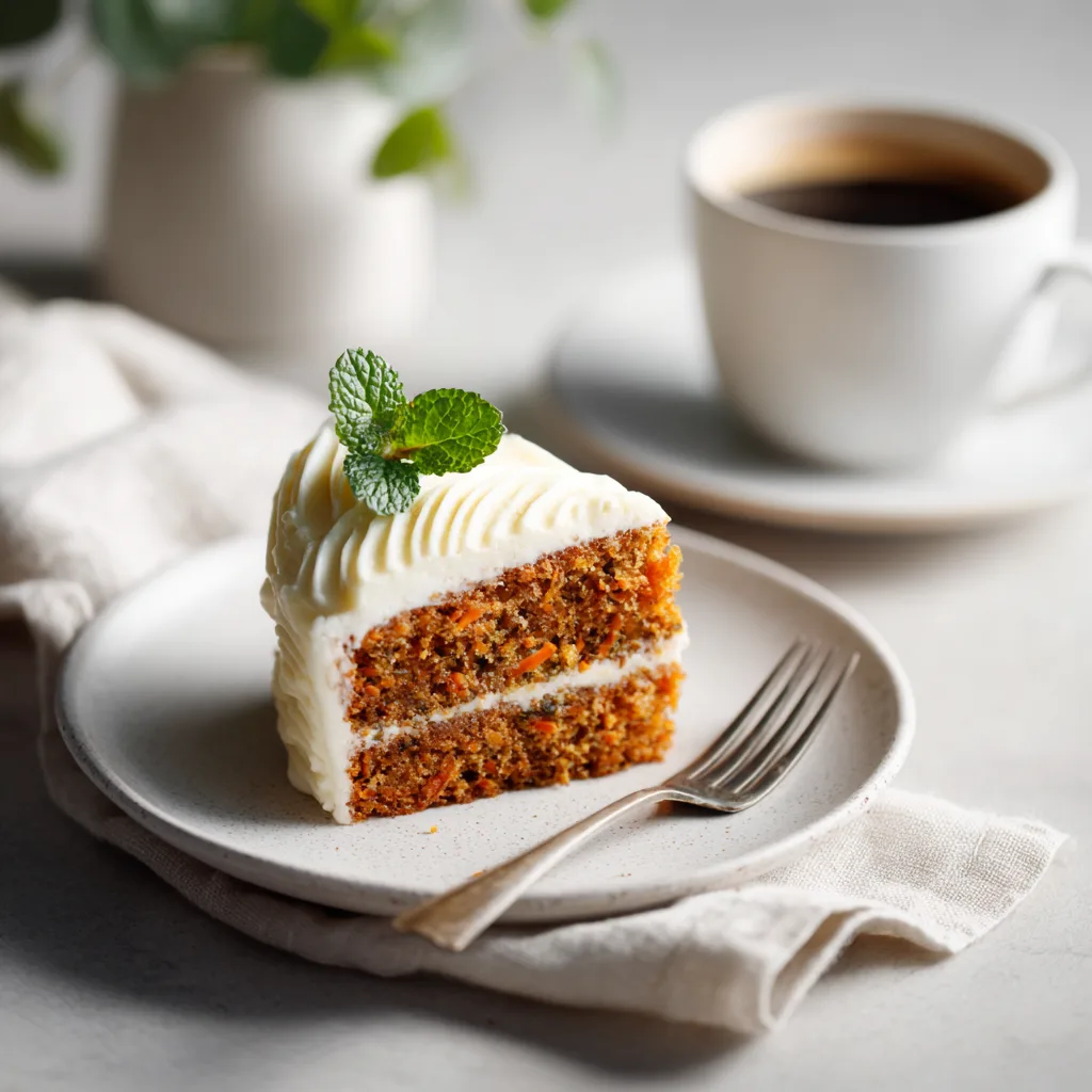 Serviertes Stück Karottenkuchen auf weißem Teller mit Kaffee - perfekte Kaffeepause