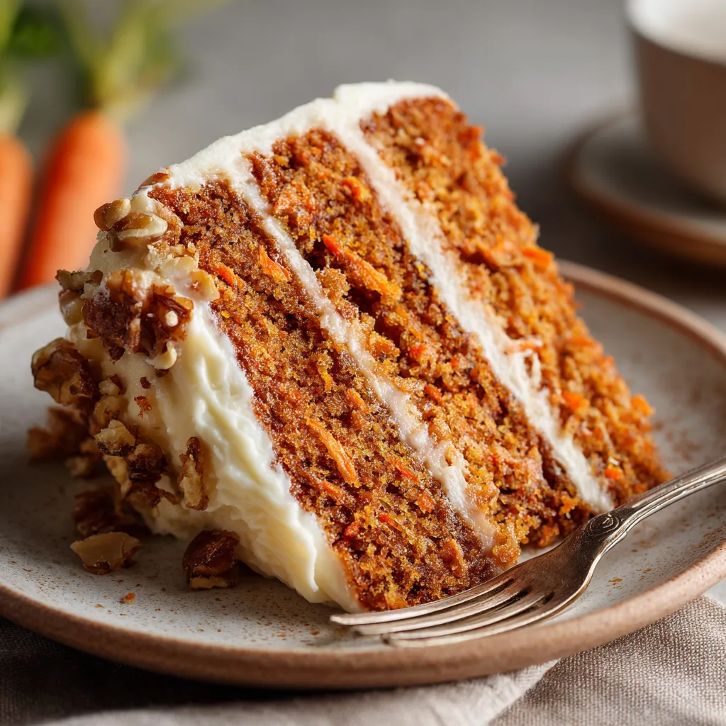 Nahaufnahme eines saftigen Karottenkuchen-Stücks mit sichtbaren Karottenraspeln und cremigem Frosting