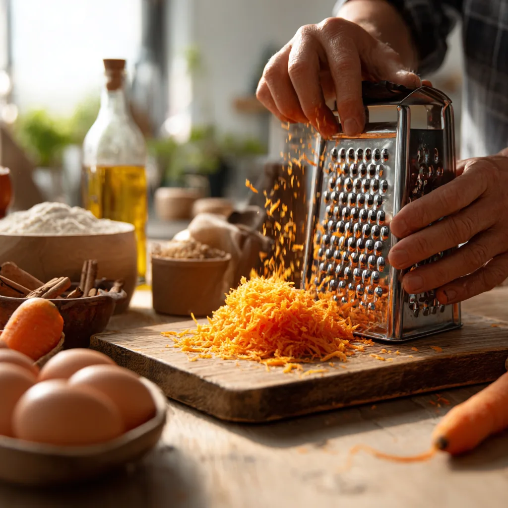 Karotten raspeln für Karottenkuchen - Zubereitungsschritt in heimischer Küche