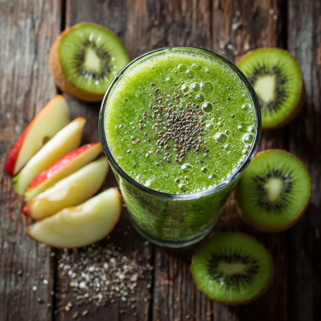 Kiwi-Apfel Smoothie Draufsicht mit frischen Früchten auf Holztisch
