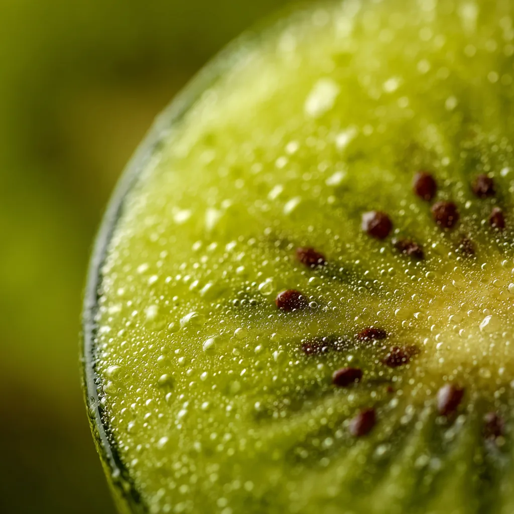 Kiwi-Apfel Smoothie Nahaufnahme zeigt cremige Textur mit Kiwisamen