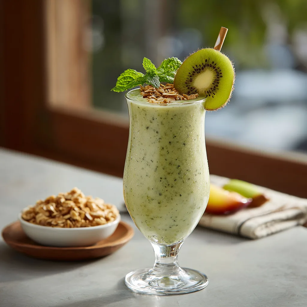 Kiwi-Apfel Smoothie servierfertig mit Kiwischeibe und Minze dekoriert