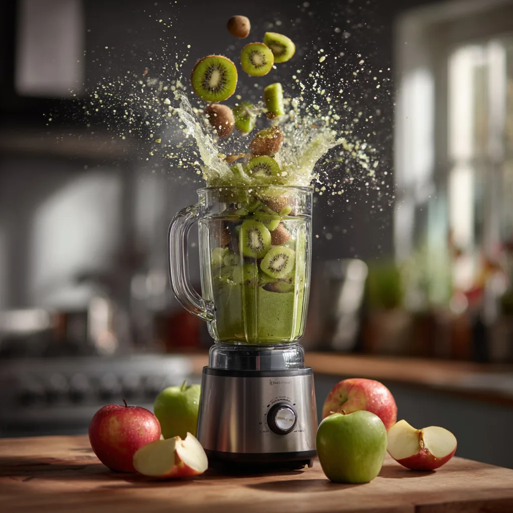 Kiwi-Apfel Smoothie Zubereitung im Hochleistungsmixer mit frischen Früchten