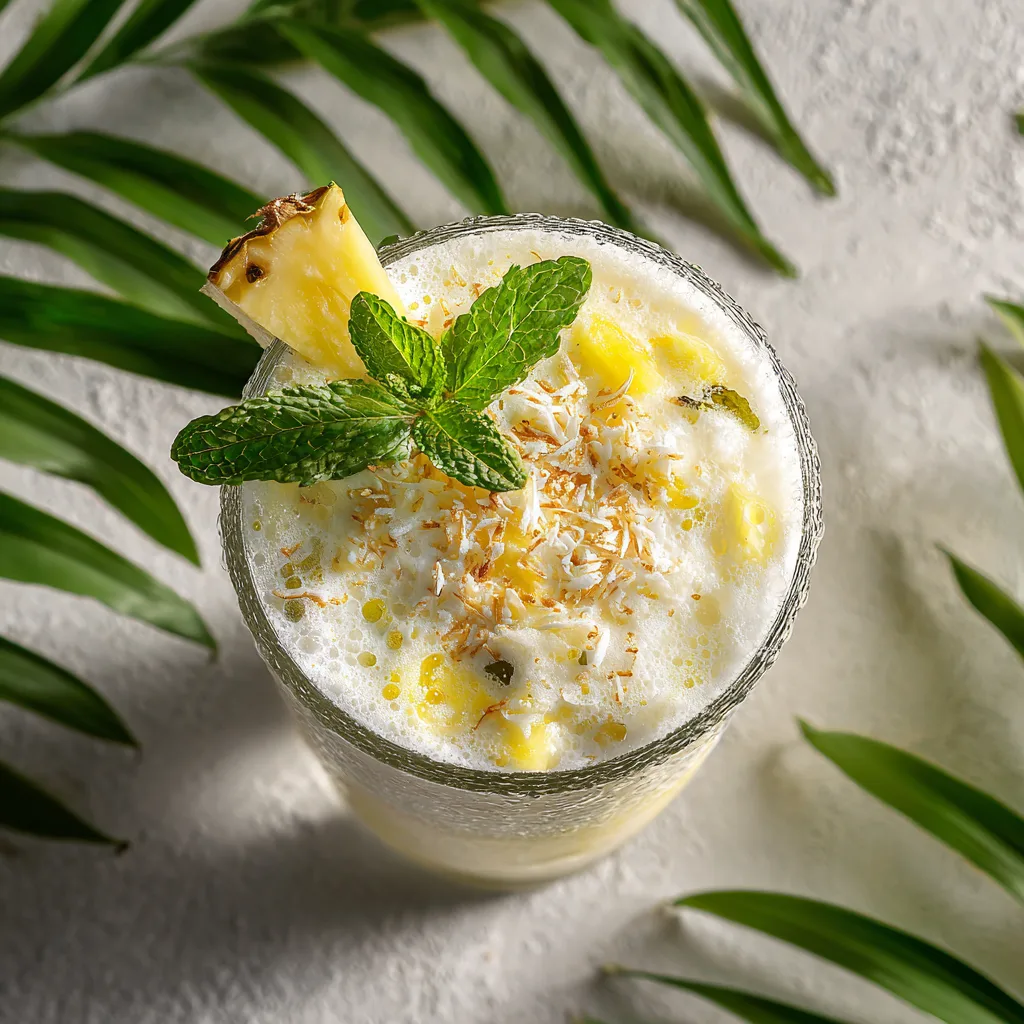 Kokos-Ananas Kaltdrink von oben mit Minze und Kokosnussraspeln garniert