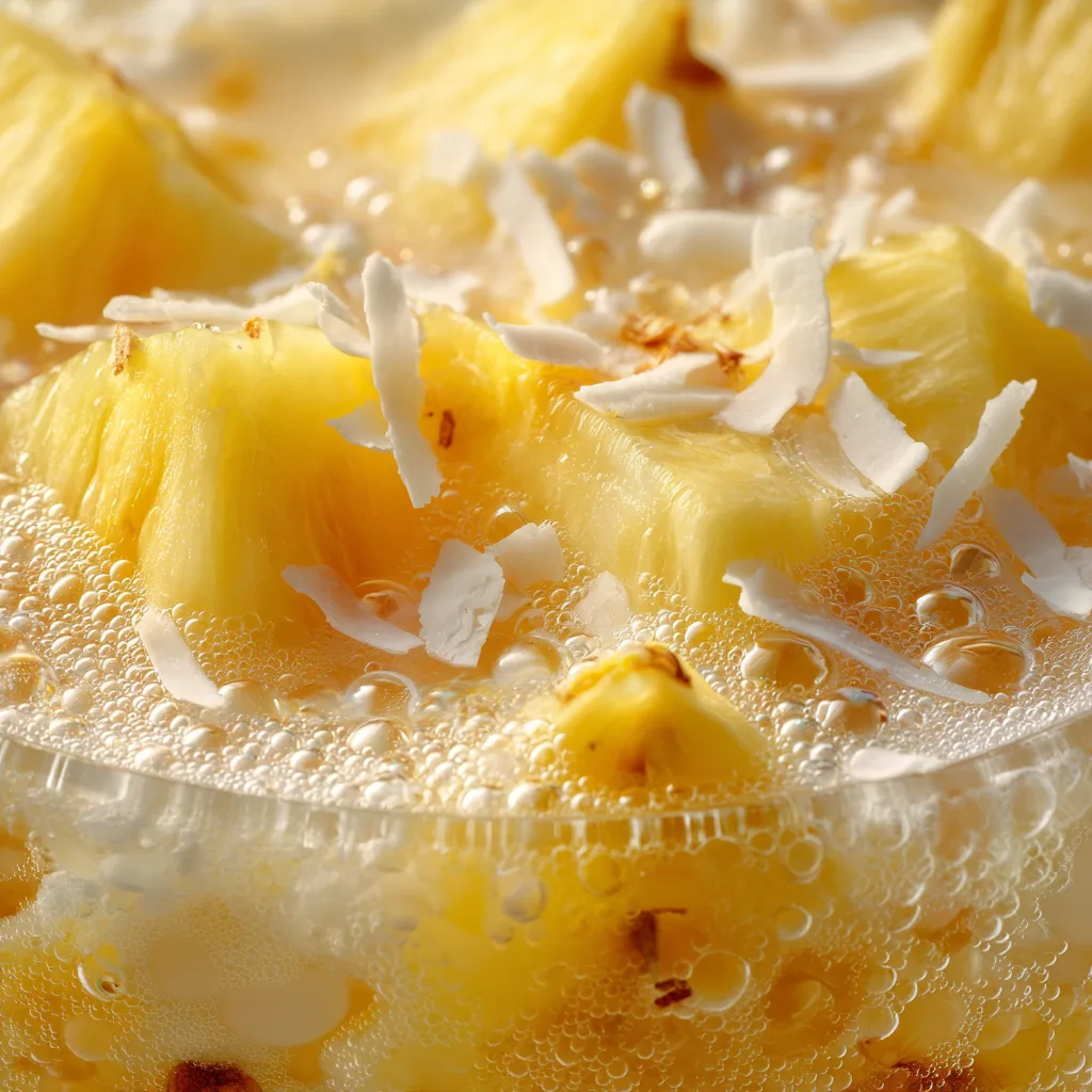 Nahaufnahme Kokos-Ananas Kaltdrink zeigt cremige Textur mit Fruchtstücken