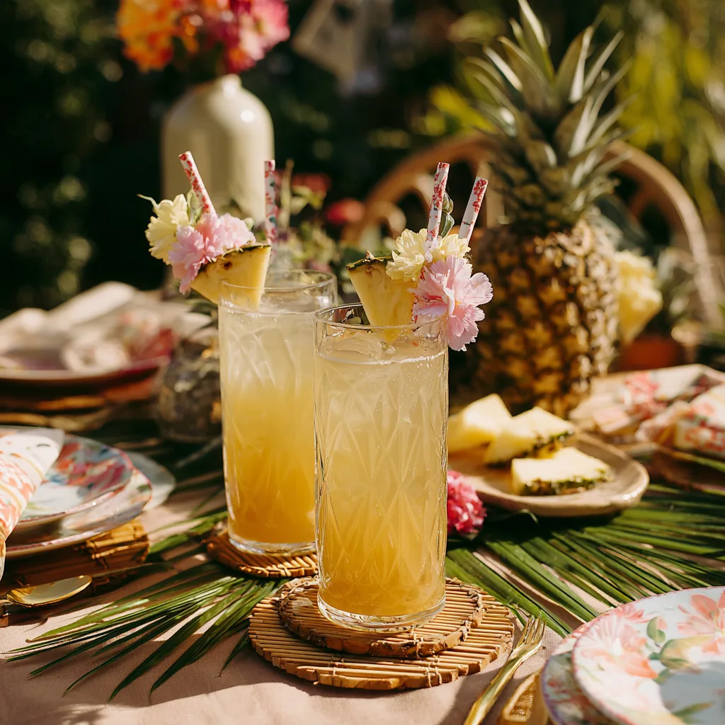 Kokos-Ananas Kaltdrink serviert auf tropisch dekoriertem Tisch