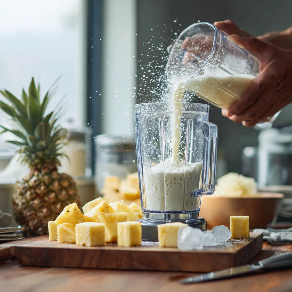 Kokos-Ananas Kaltdrink Zubereitung im Mixer mit frischen Zutaten