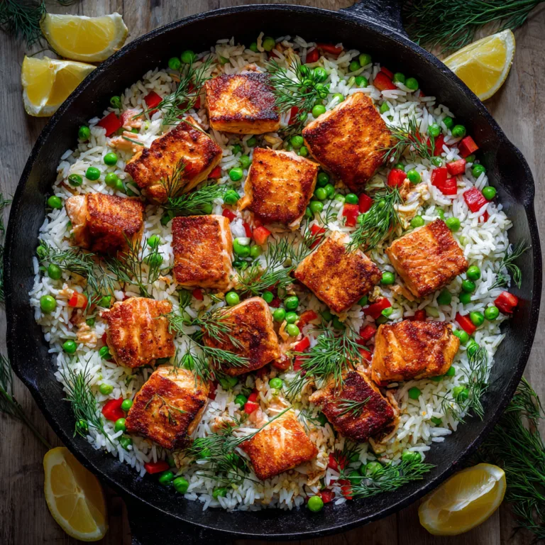 Lachs-Reis-Pfanne von oben mit frischen Zutaten und Kräutern in rustikaler Pfanne