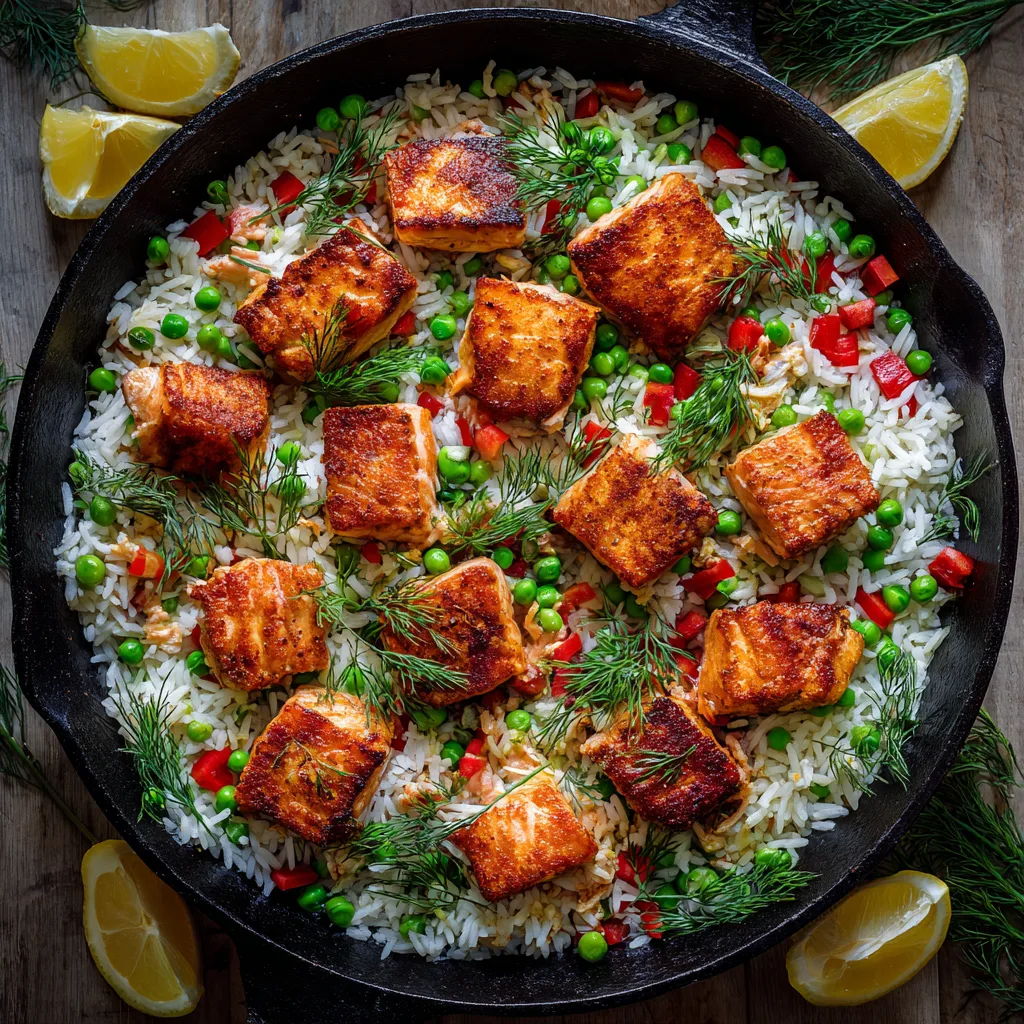 Lachs-Reis-Pfanne von oben mit frischen Zutaten und Kräutern in rustikaler Pfanne