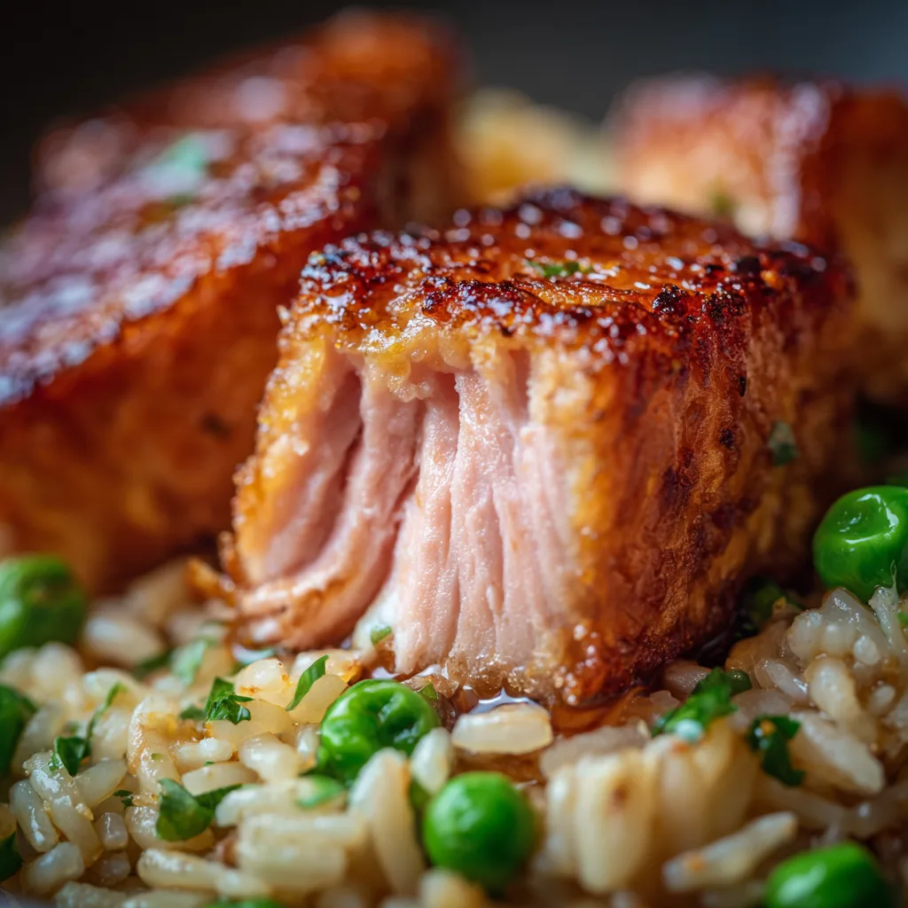 Nahaufnahme von perfekt gebratenem Lachs auf Reis – Lachs-Reis-Pfanne Detail