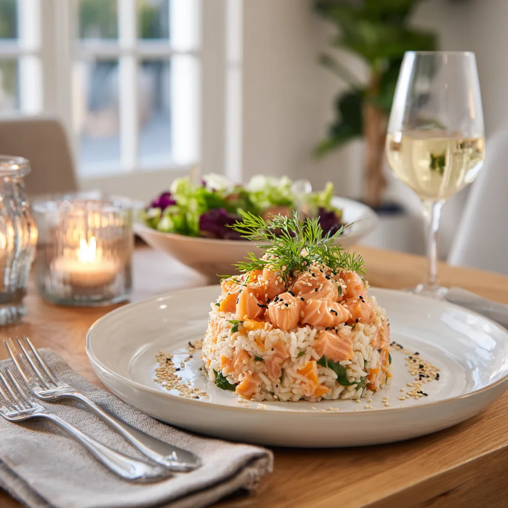 Elegant servierte Lachs-Reis-Pfanne auf gedecktem Tisch mit Beilagen