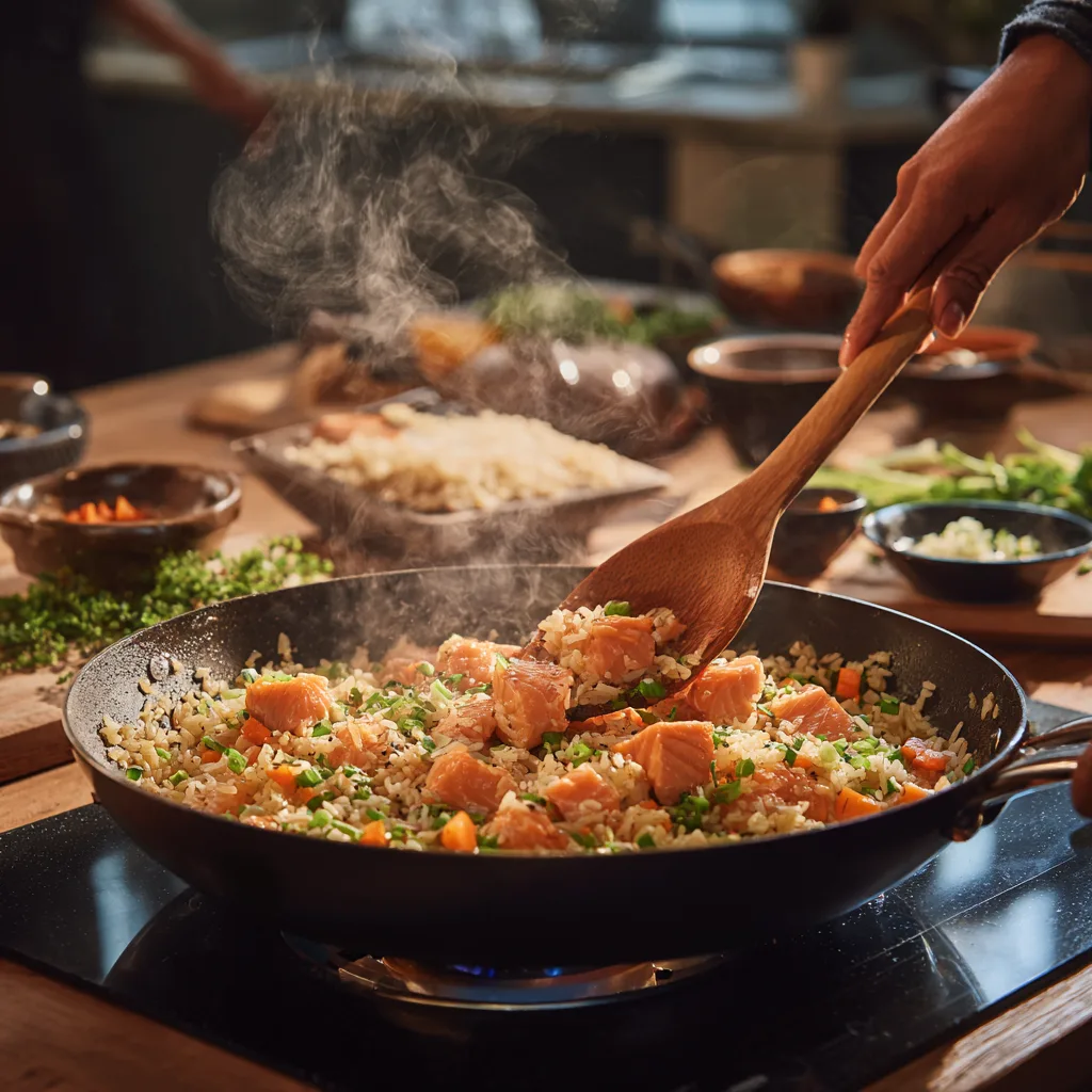 Zubereitung der Lachs-Reis-Pfanne – Kochprozess in der Küche