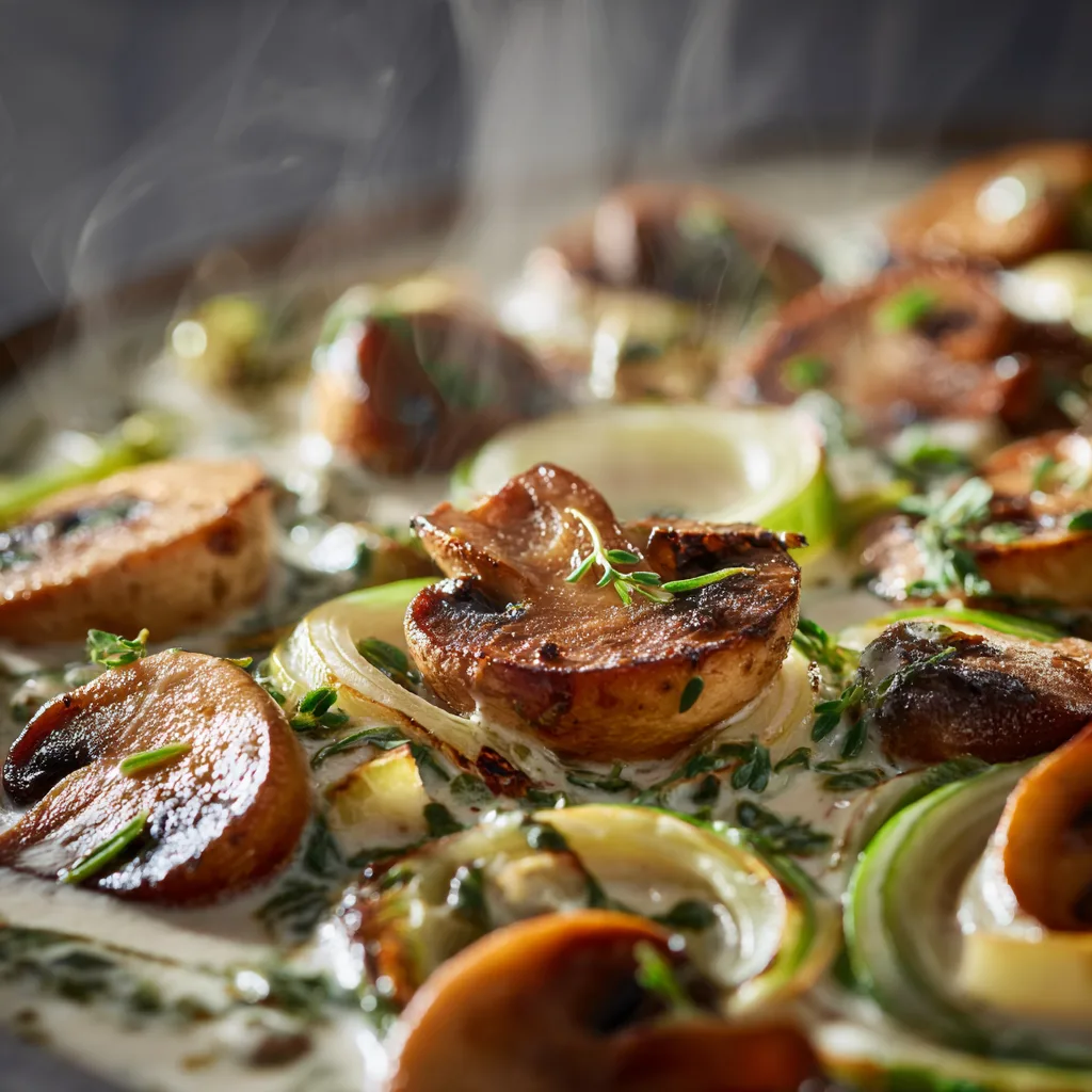 Nahaufnahme cremige Lauch-Champignon-Pfanne mit goldbraunen Pilzen
