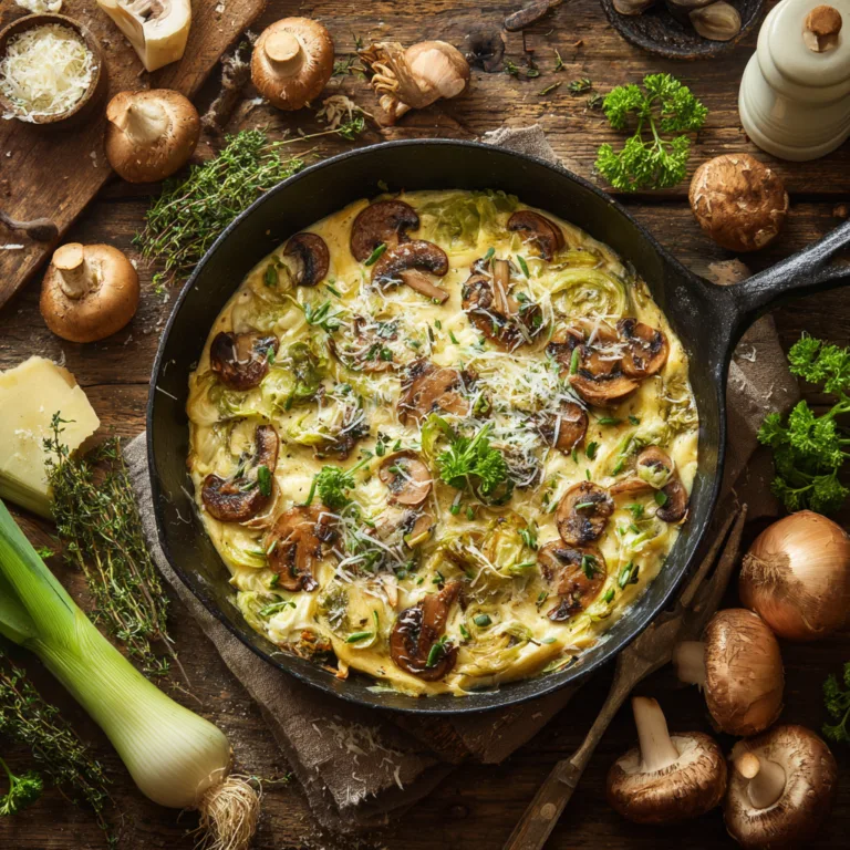 Lauch-Champignon-Pfanne in Eisenpfanne mit frischen Zutaten von oben fotografiert