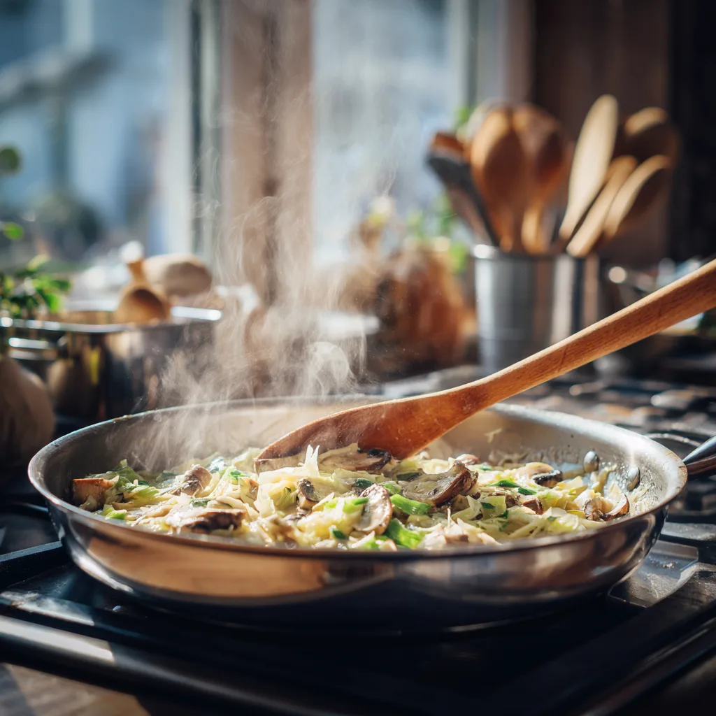 Lauch-Champignon-Pfanne wird in der Küche zubereitet mit Kochlöffel