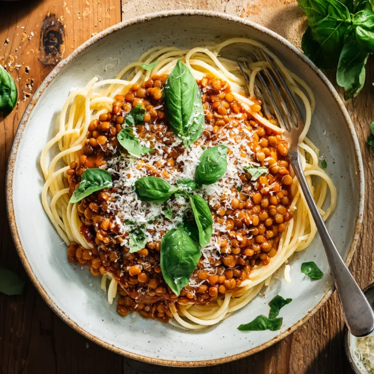 Linsen-Bolognese mit Spaghetti von oben fotografiert, garniert mit frischem Basilikum und Parmesan