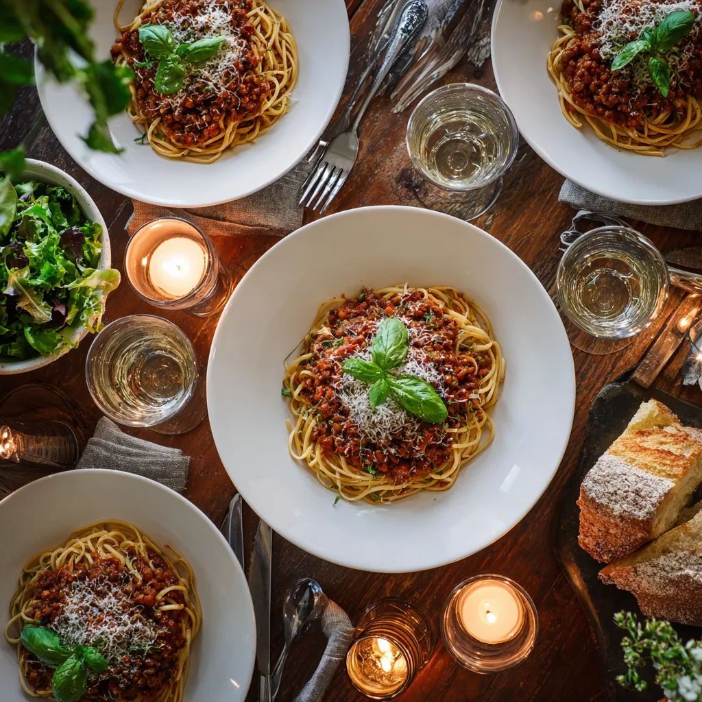 Elegant angerichtete Linsen-Bolognese auf einem gedeckten Tisch mit Beilagen und Wein