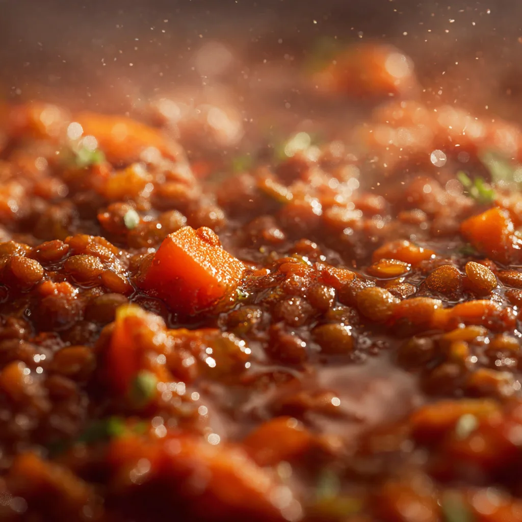 Nahaufnahme von Linsen-Bolognese Sauce mit sichtbaren Linsen und Gemüsestückchen