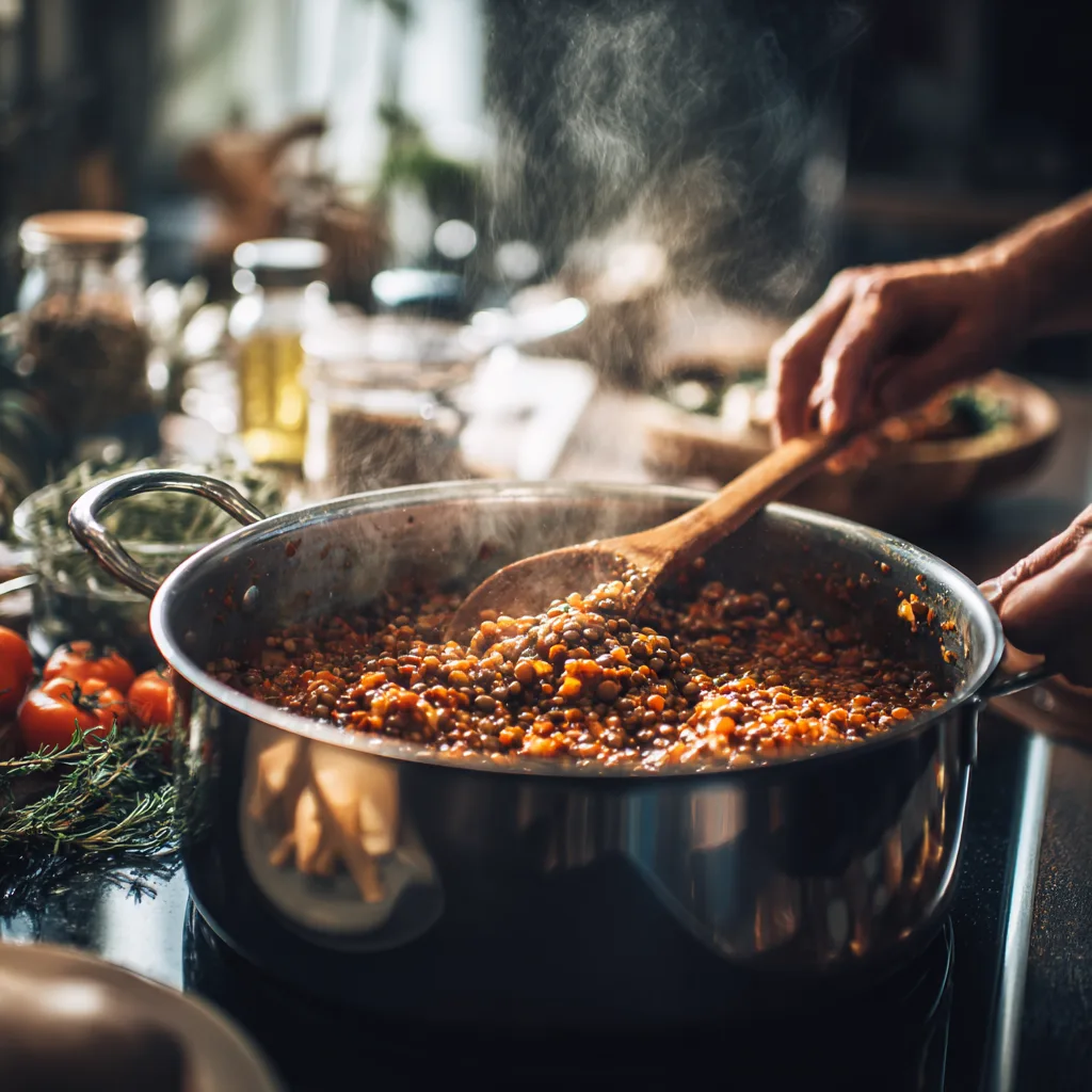 Linsen-Bolognese wird in einem großen Topf gekocht und mit einem Holzlöffel umgerührt