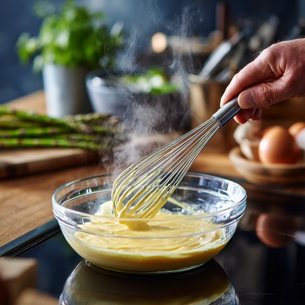 Whisking creamy hollandaise sauce preparation cooking process