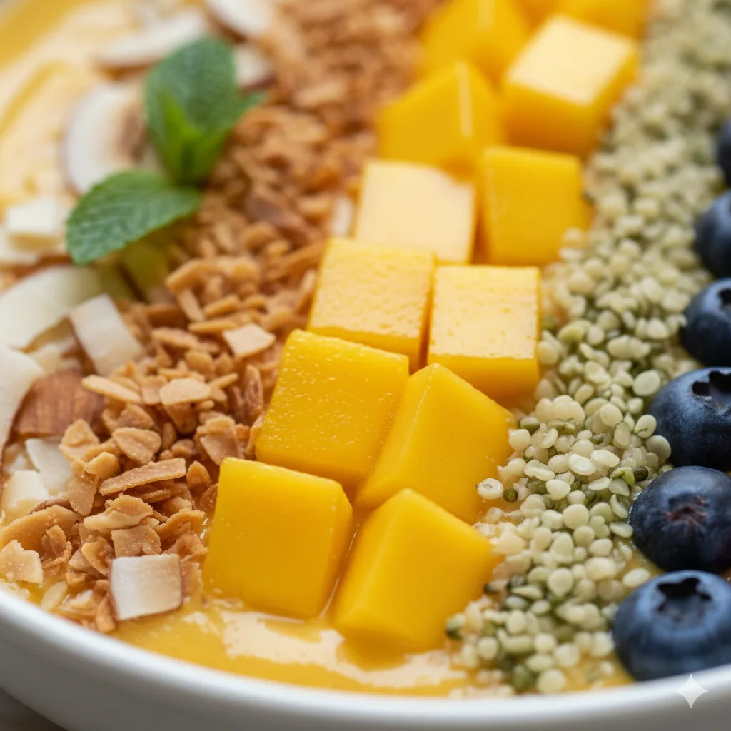 Nahaufnahme der cremigen Textur einer Mango-Kokos Smoothie Bowl mit Chiasamen