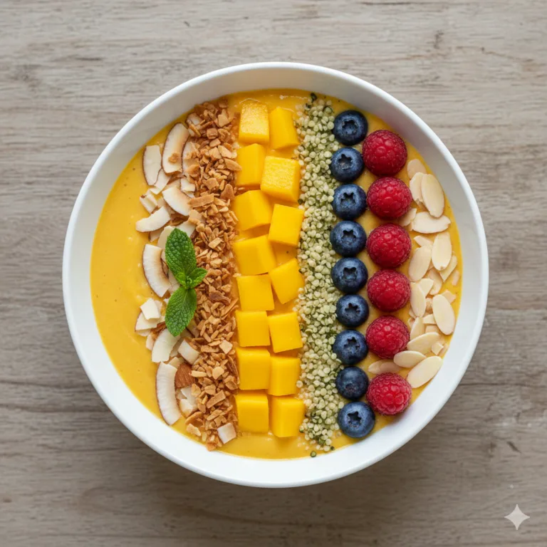 Mango-Kokos Smoothie Bowl von oben mit frischen Mangowürfeln, Kokosflocken und Beeren garniert