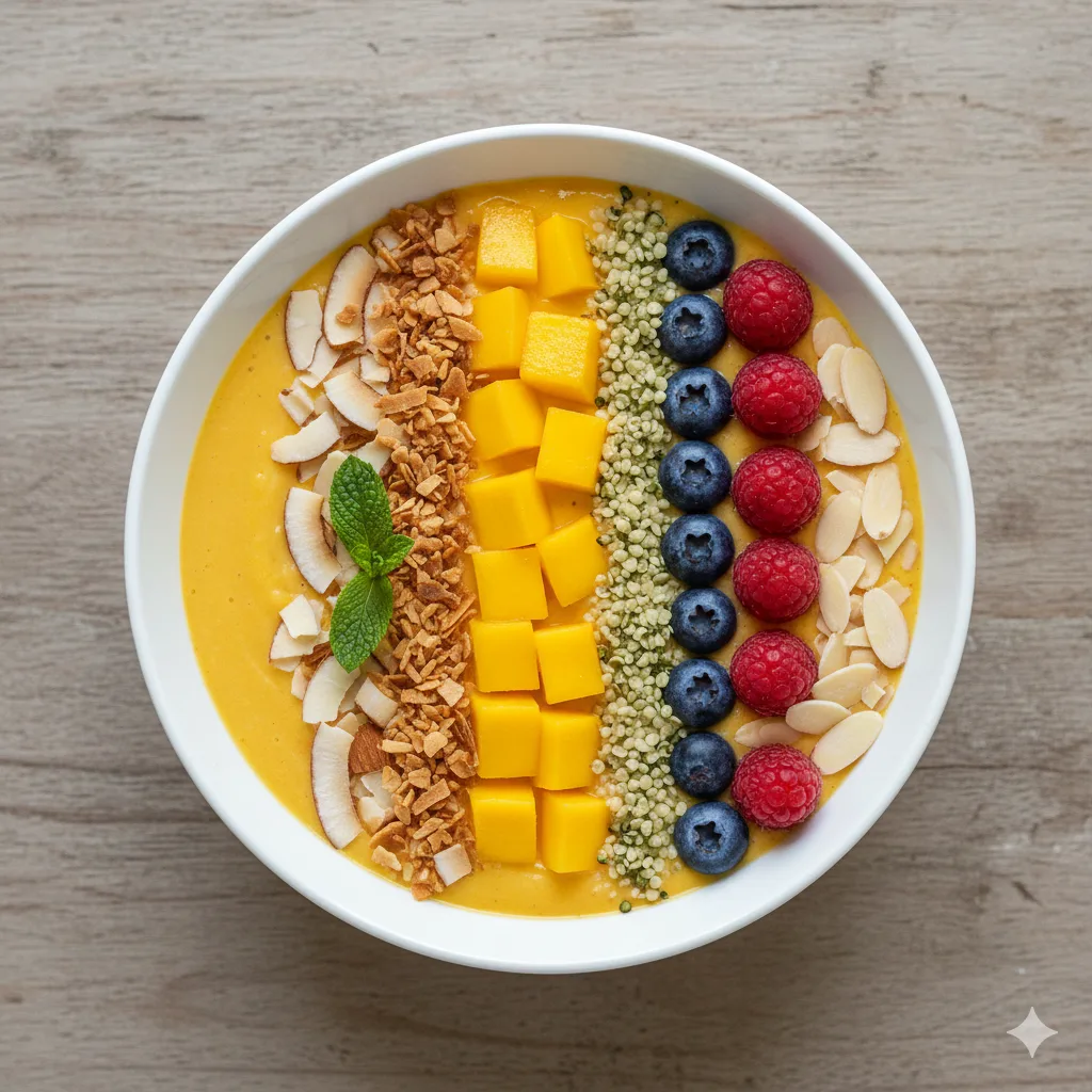 Mango-Kokos Smoothie Bowl von oben mit frischen Mangowürfeln, Kokosflocken und Beeren garniert