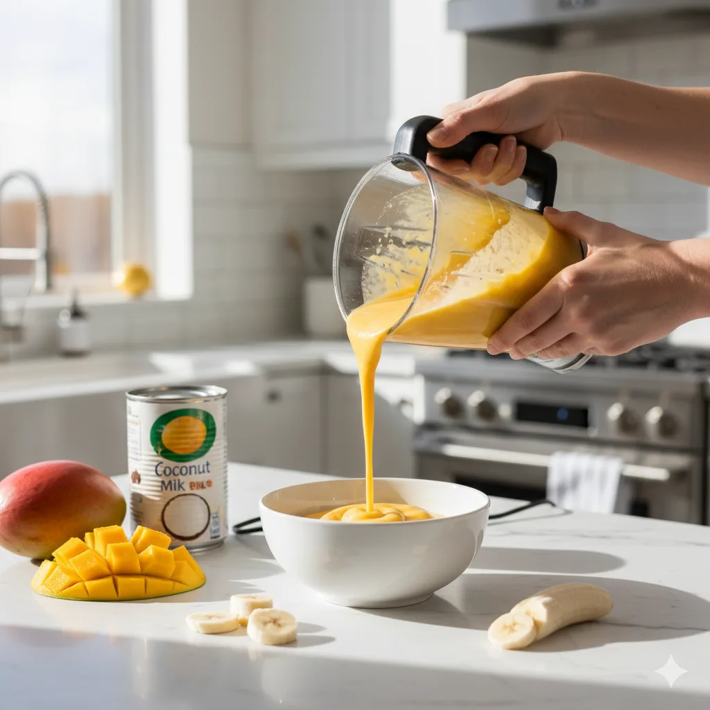 Zubereitung einer Mango-Kokos Smoothie Bowl im Hochleistungsmixer mit frischen Zutaten