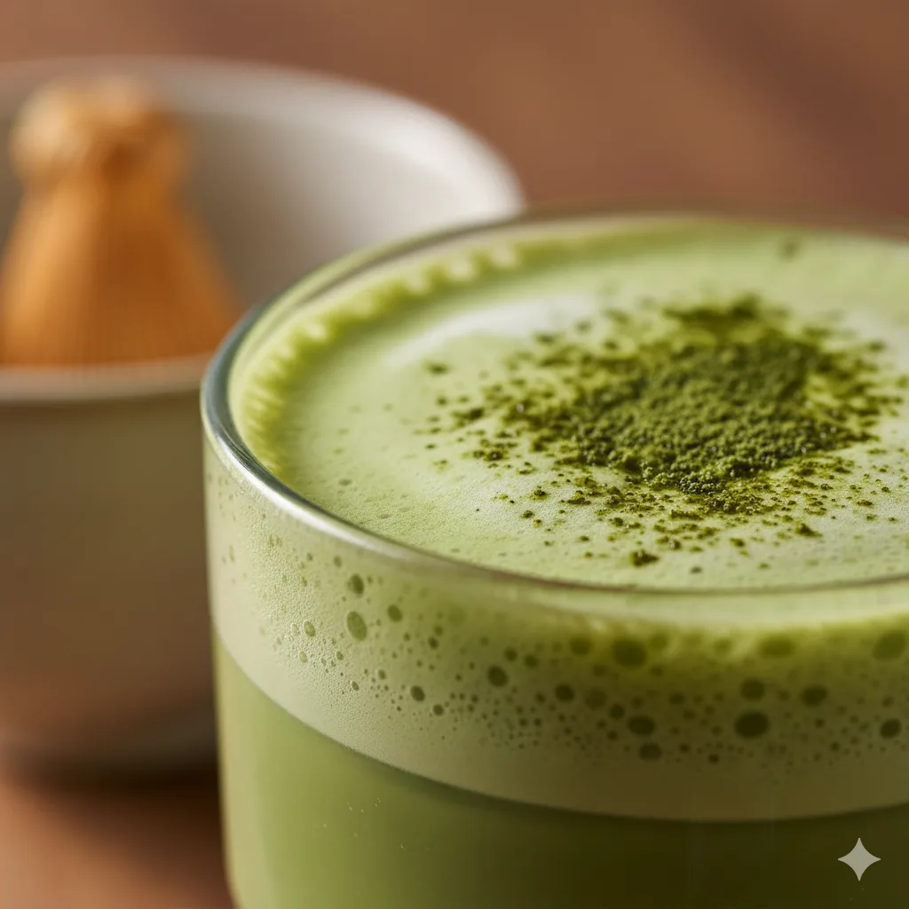 Nahaufnahme vom cremigen Schaum eines Grüner Matcha Latte mit Matcha-Pulver Topping