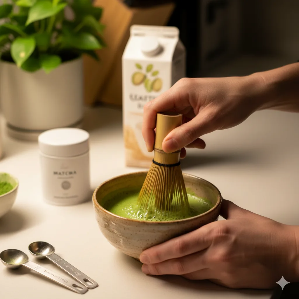 Zubereitung eines Grüner Matcha Latte mit Bambusbesen in traditioneller Teeschale