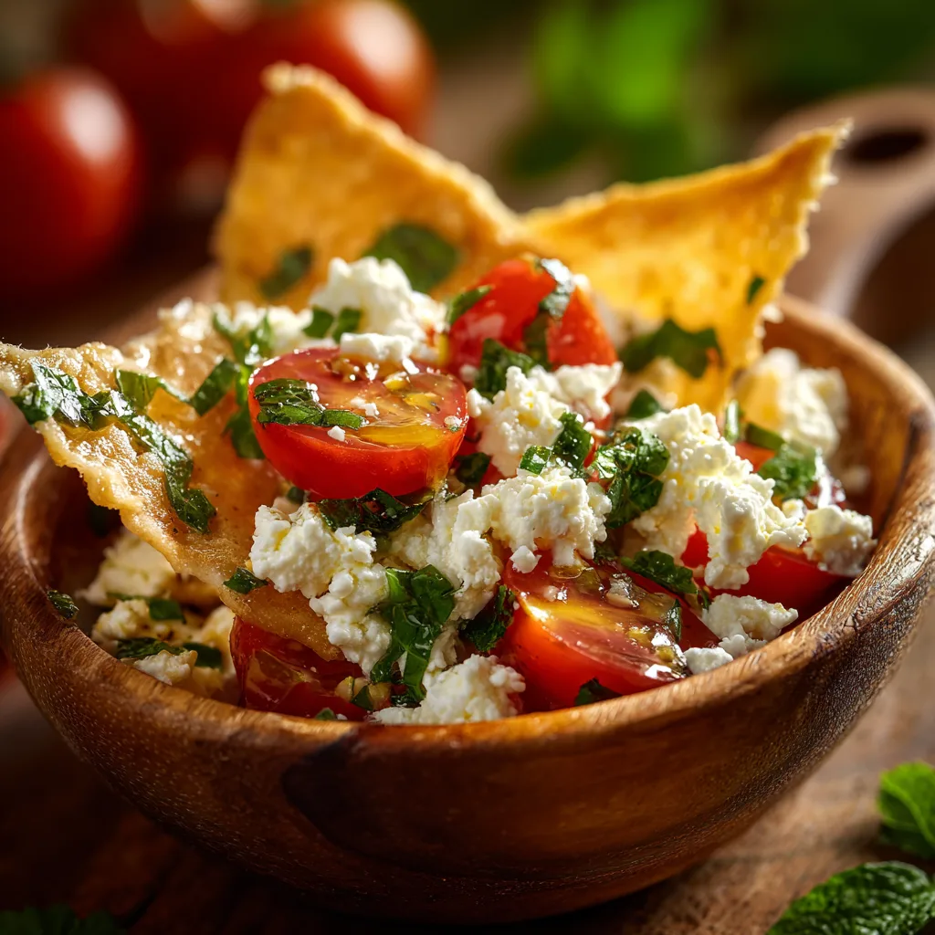 Nahaufnahme von Feta-Käse und knusprigen Wrap-Chips für mediterrane Bowl