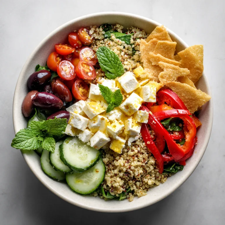 Mediterrane Wrap Bowl von oben mit Quinoa, Feta, frischem Gemüse und knusprigen Wrap-Chips