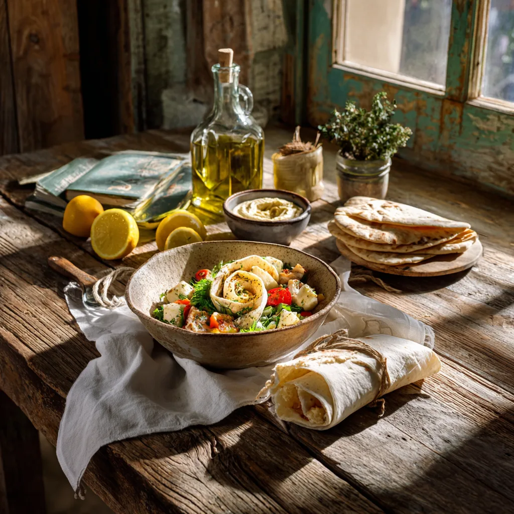 Mediterrane Wrap Bowl serviert mit Pita-Brot und Hummus auf gedecktem Tisch
