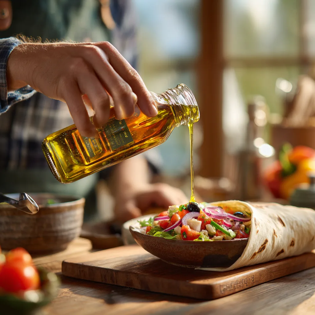 Zubereitung der mediterranen Wrap Bowl mit Dressing in der Küche