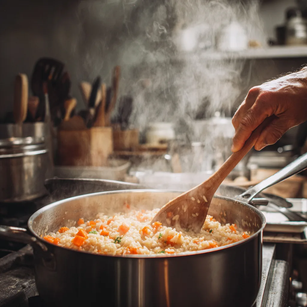 Möhren-Risotto wird in Topf gerührt während der Zubereitung