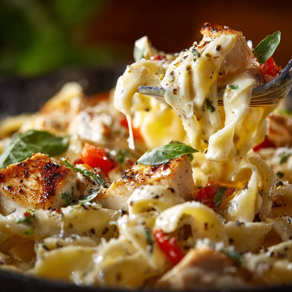 Nahaufnahme von Nudeln mit Gemüse und Hähnchen zeigt cremige Sauce und frische Kräuter im Detail