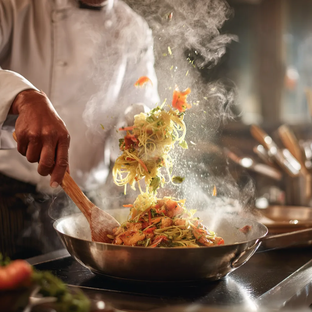 Koch bereitet Nudeln mit Gemüse und Hähnchen in großer Pfanne zu, Dampf steigt auf