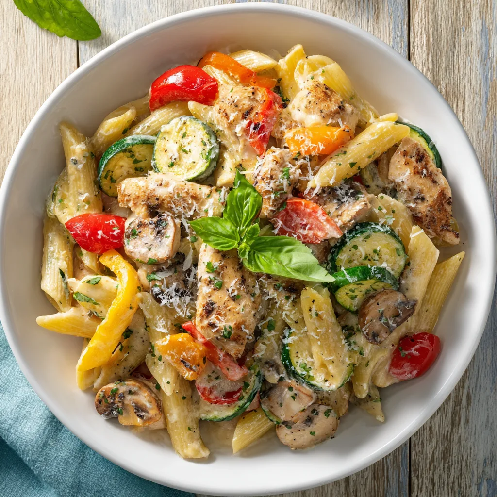 Nudeln mit Gemüse und Hähnchen in weißer Schüssel von oben fotografiert mit buntem Gemüse und cremiger Sauce